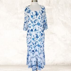 ASHRO Blue Floral Midi Dress Size Large Flutter Hem White Summer